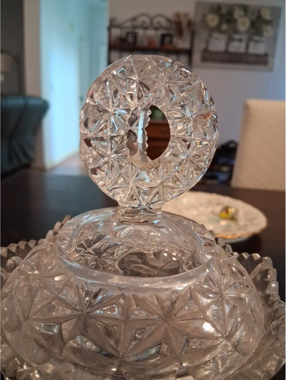Vintage Cut Glass Covered Sugar Bowl with Bird Motif